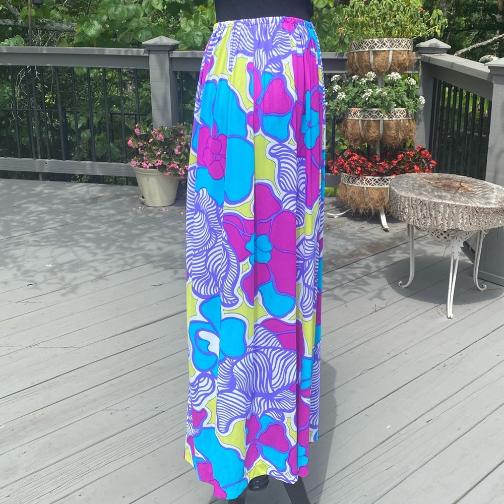 Vintage 60s Flower Power Swimsuit Coverup Maxi Wrap Floral Neon Skirt - Picture 3 of 7